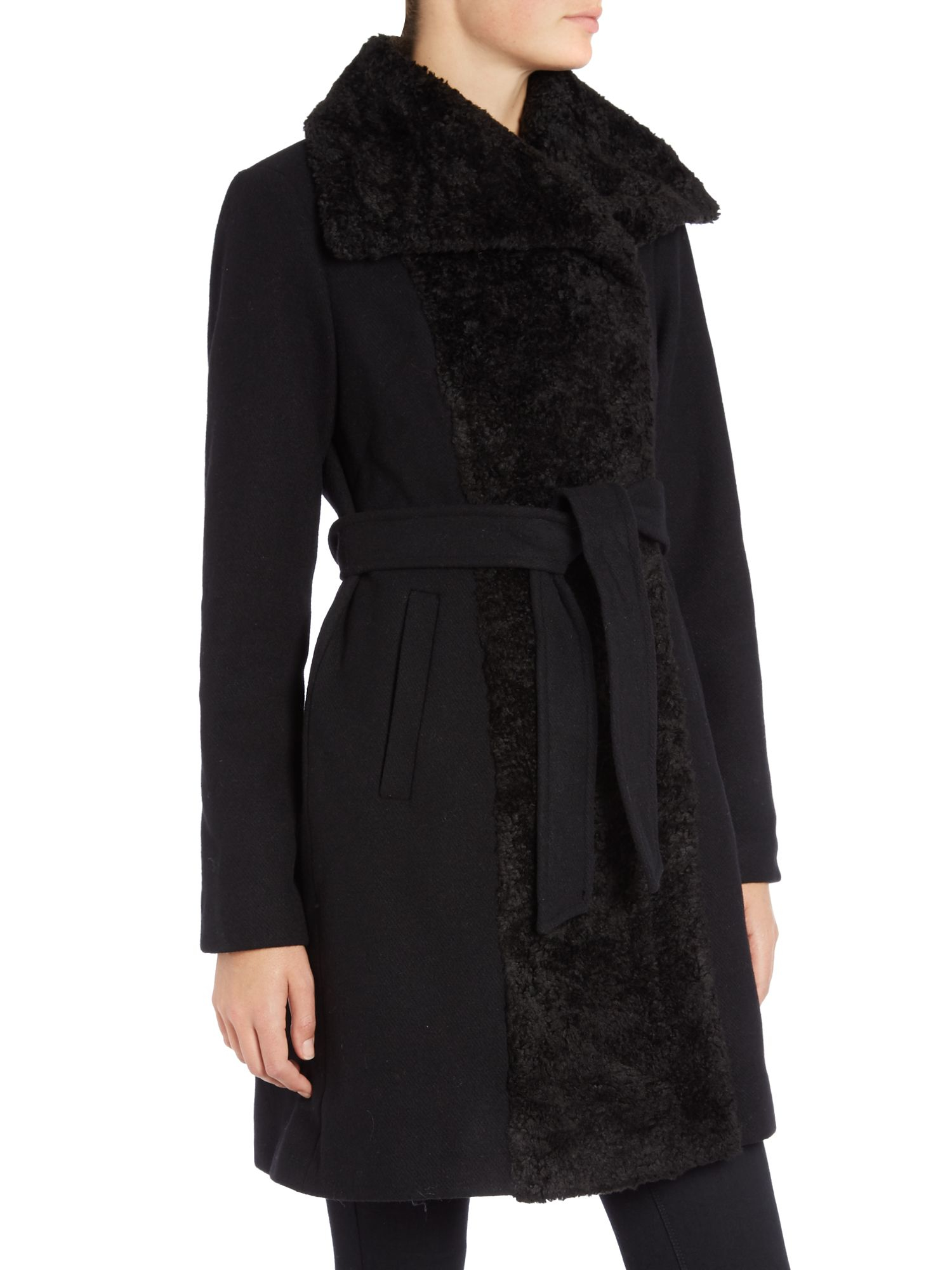 Vince camuto Wool Wrap Coat With Fur Collar in Black | Lyst