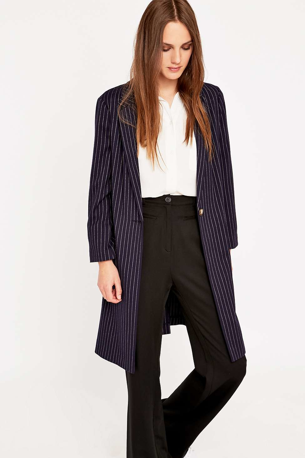 Urban outfitters Pinstripe Long Line Blazer in Blue | Lyst