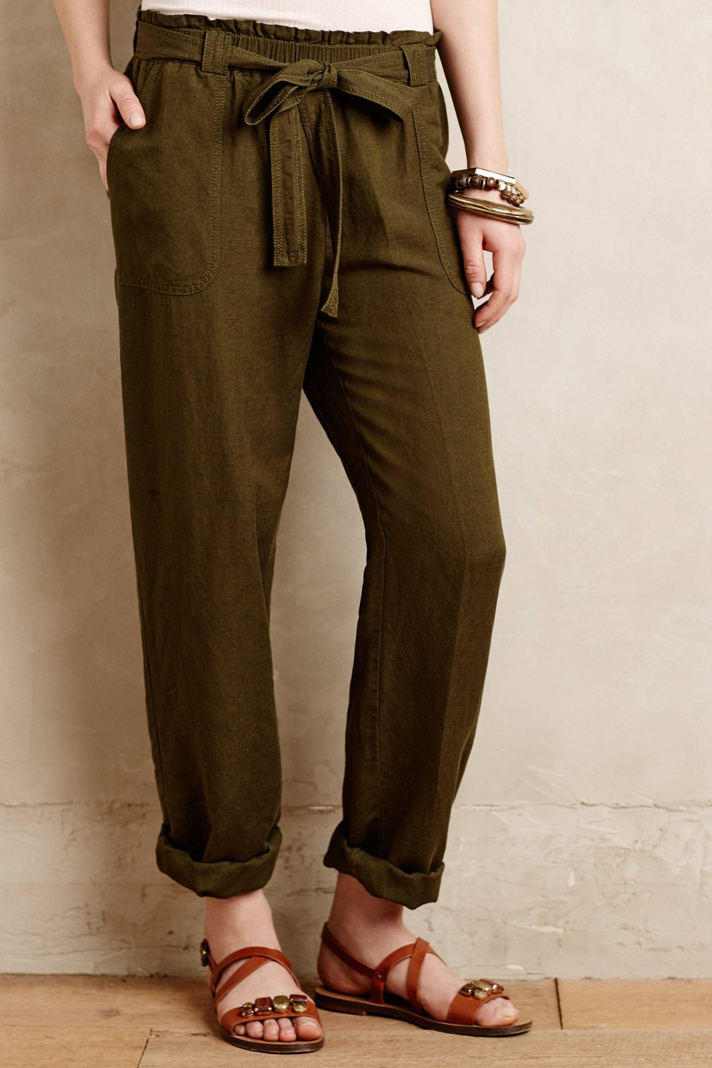 green paper bag trousers