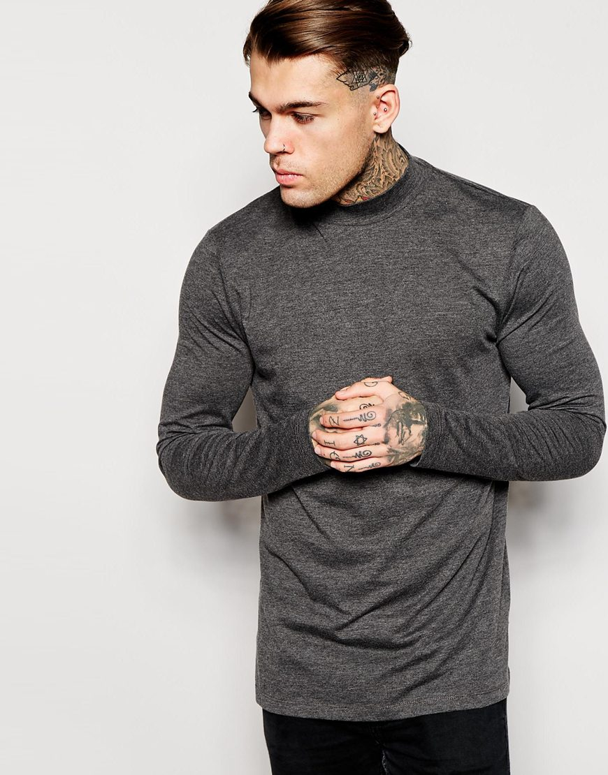 Lyst - Asos Longline Long Sleeve T-shirt With Turtleneck And Split Hem ...