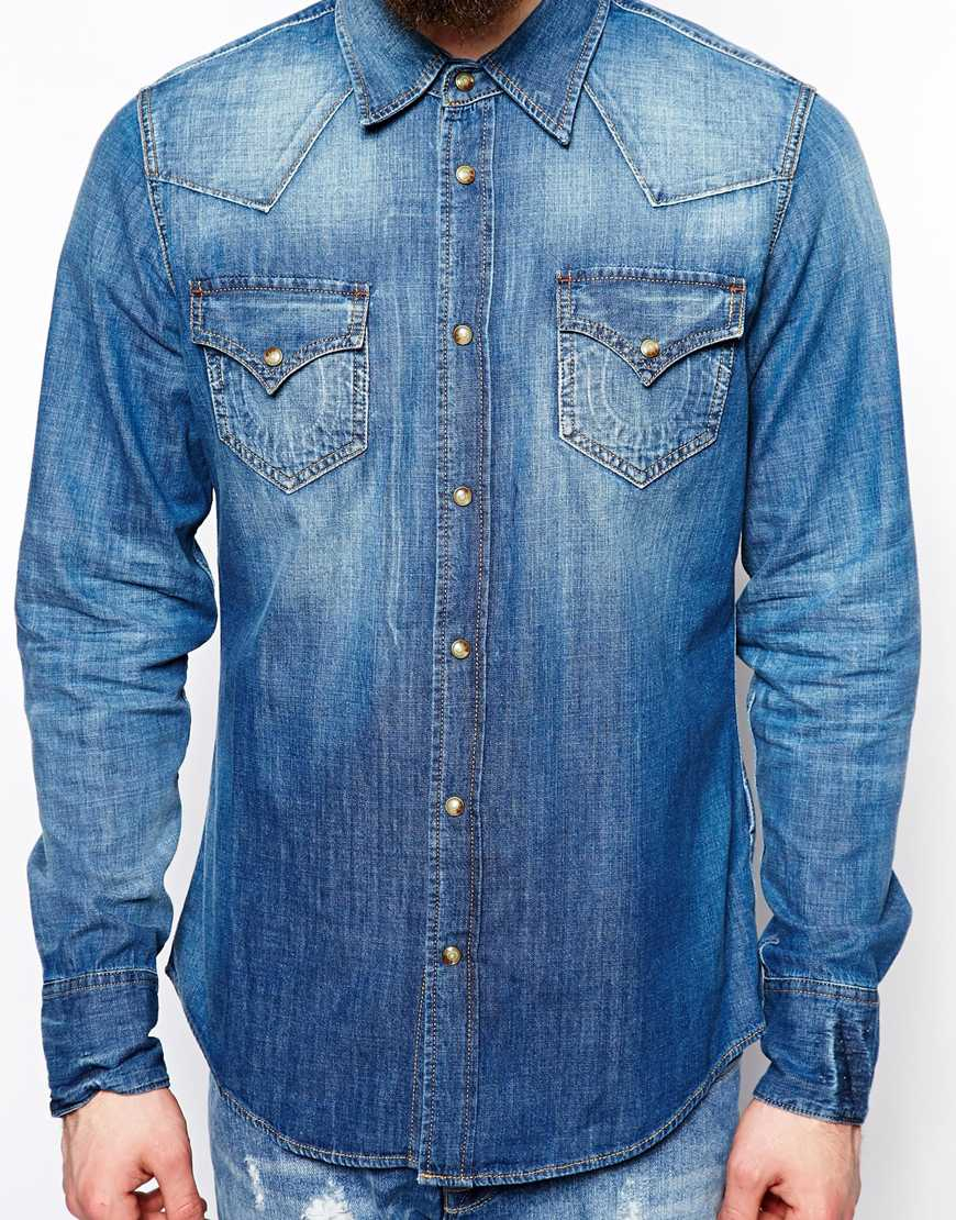 Lyst - True religion Regular Fit Distressed Denim Ryan Shirt in Blue ...