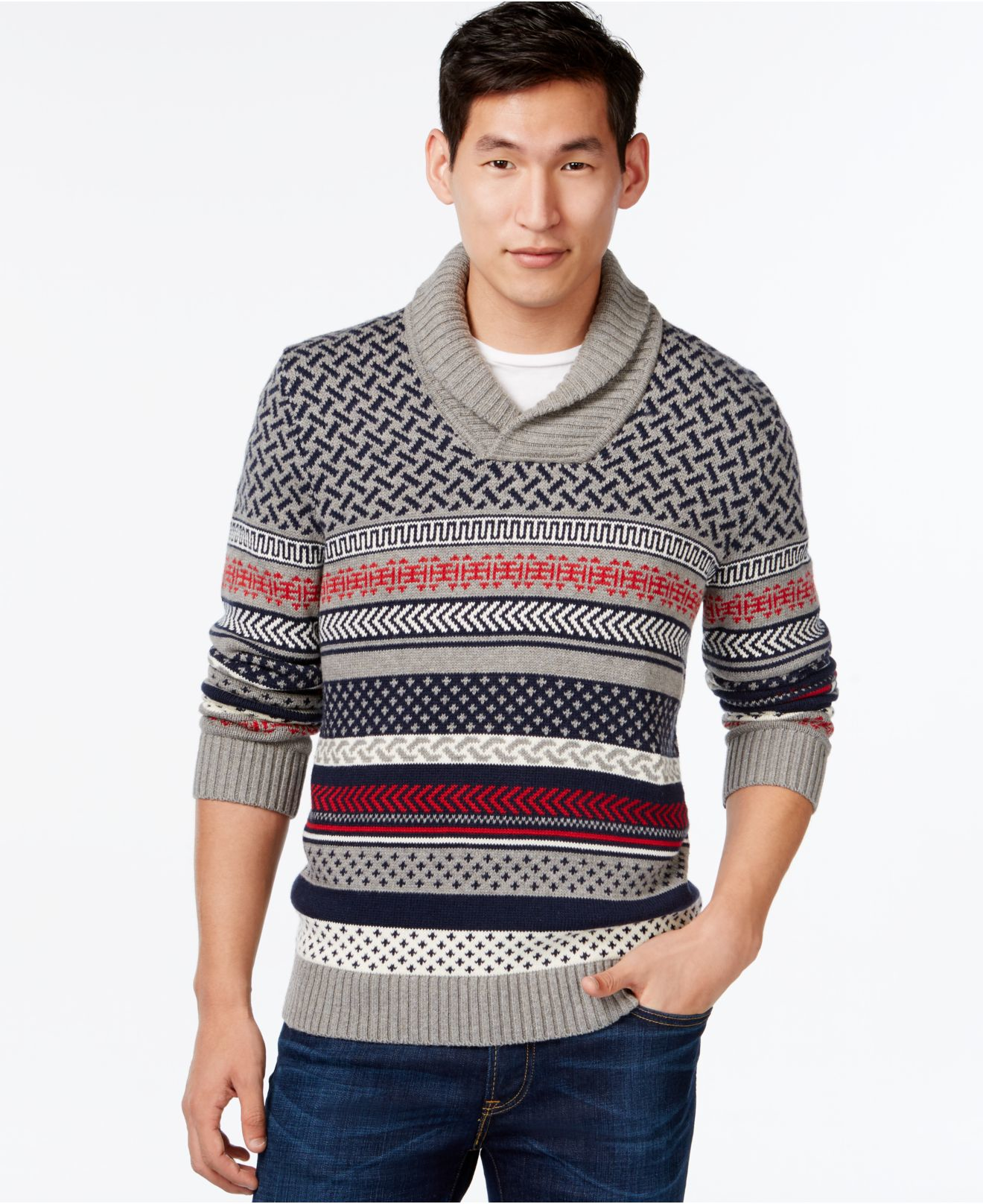 Tommy hilfiger Bodie Fair Isle Shawl-collar Sweater in Gray for ...