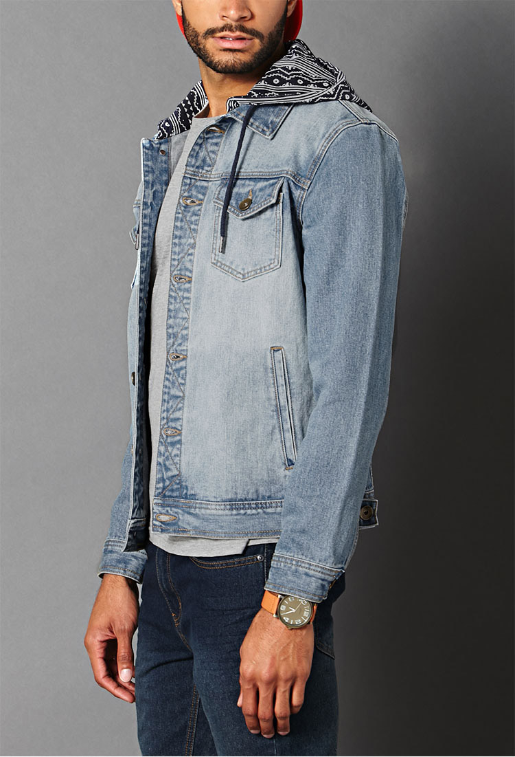 Lyst Forever 21 Print Hooded Denim Jacket In Blue For Men