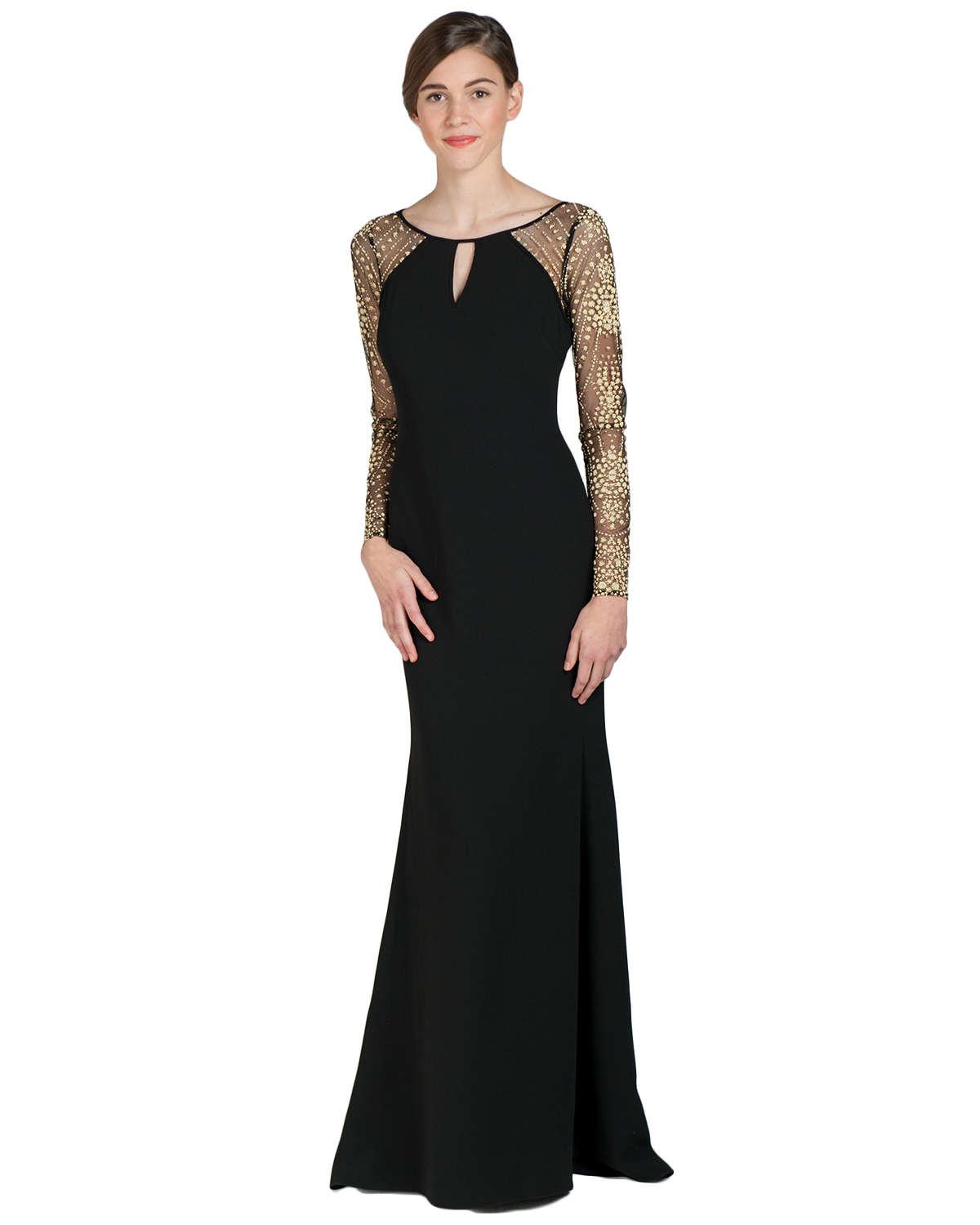 Badgley mischka Beaded Sleeve Evening Gown in Metallic | Lyst