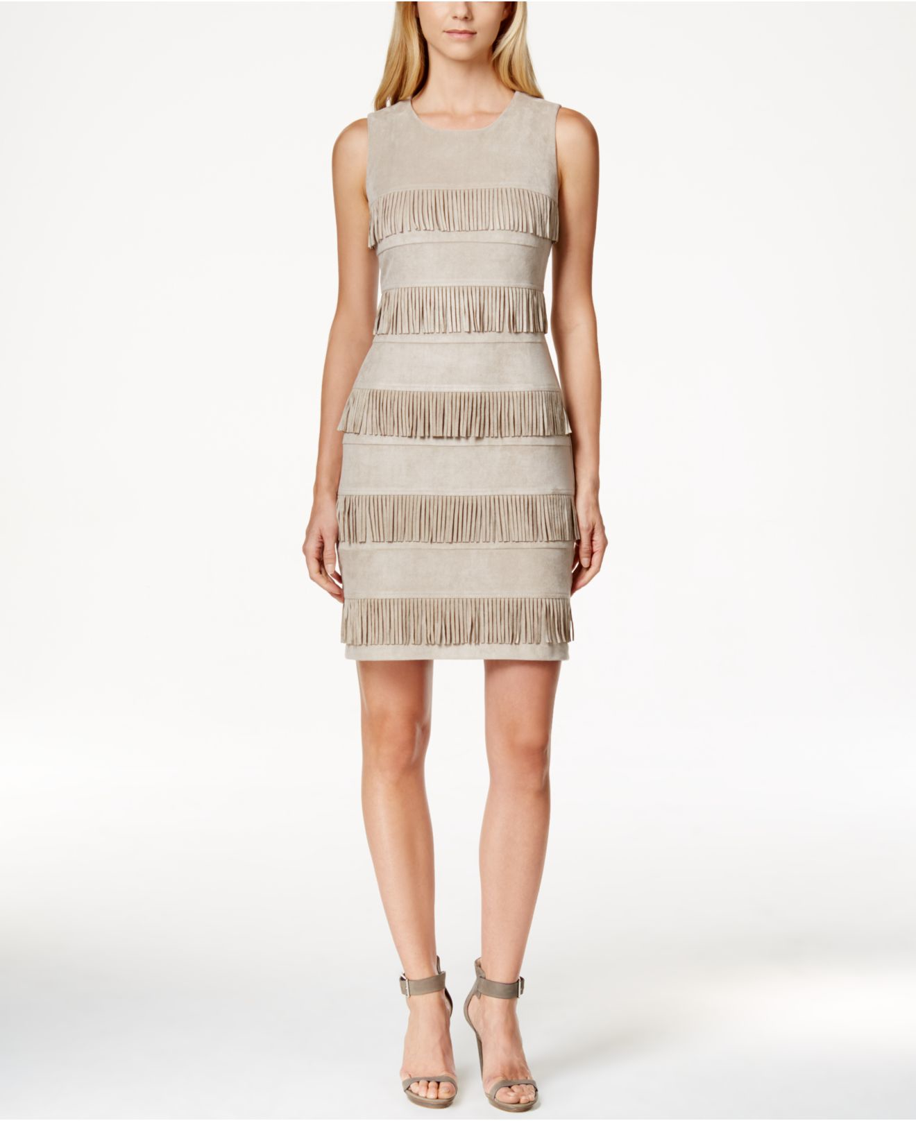 Lyst Calvin Klein Faux Suede Fringe Sheath Dress In Natural