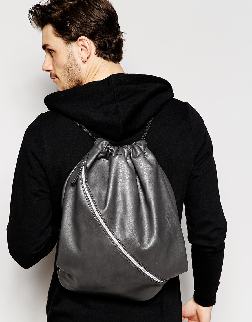 Lyst - Asos Drawstring Backpack In Gray Faux Leather in Gray for Men