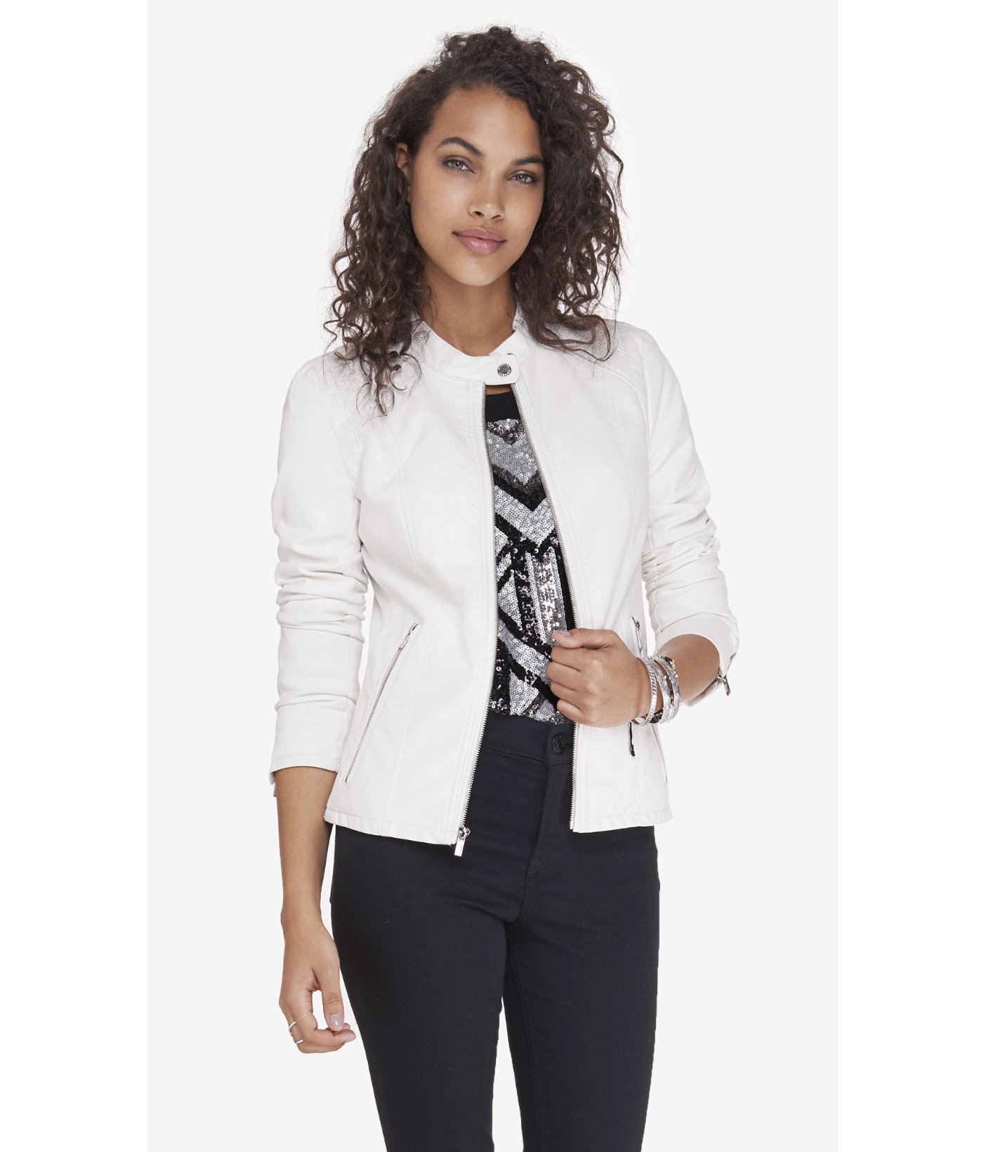 Express Double Peplum (minus The) Leather Jacket in White