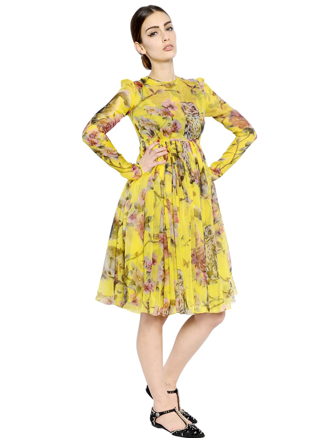 Lyst - Dolce & Gabbana Floral Printed Silk Chiffon Dress in Yellow