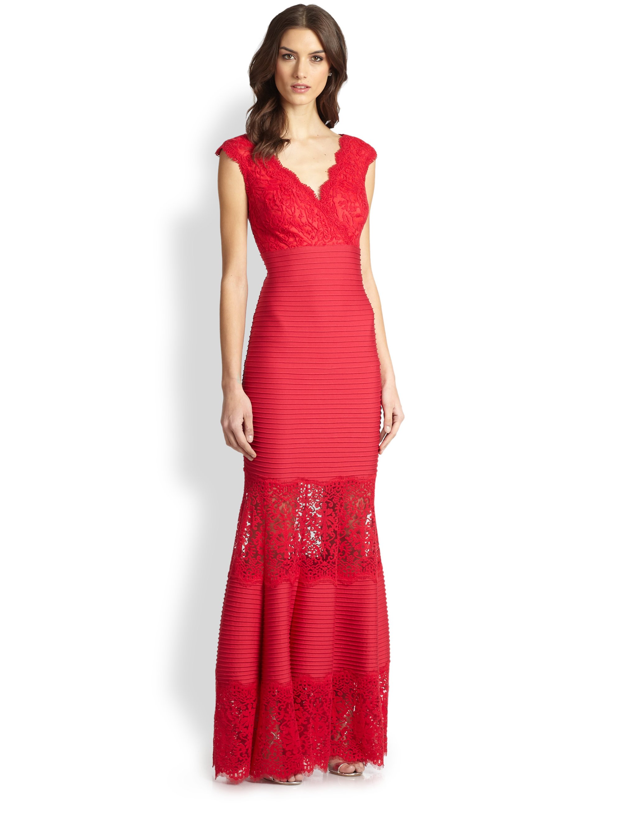 Lyst Tadashi Shoji Lace Inset Pintucked Gown In Pink 4327