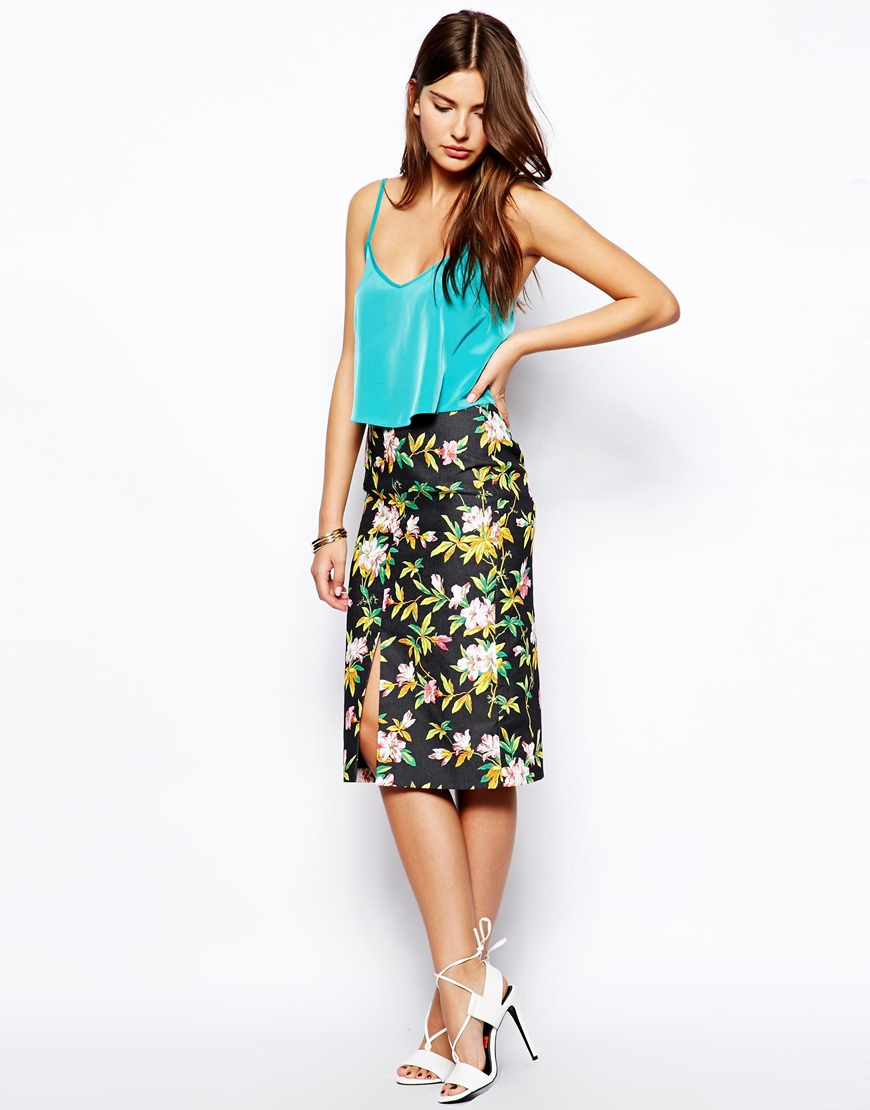 Lyst - Asos Pencil Skirt With Centre Front Split In Tropical Floral in ...
