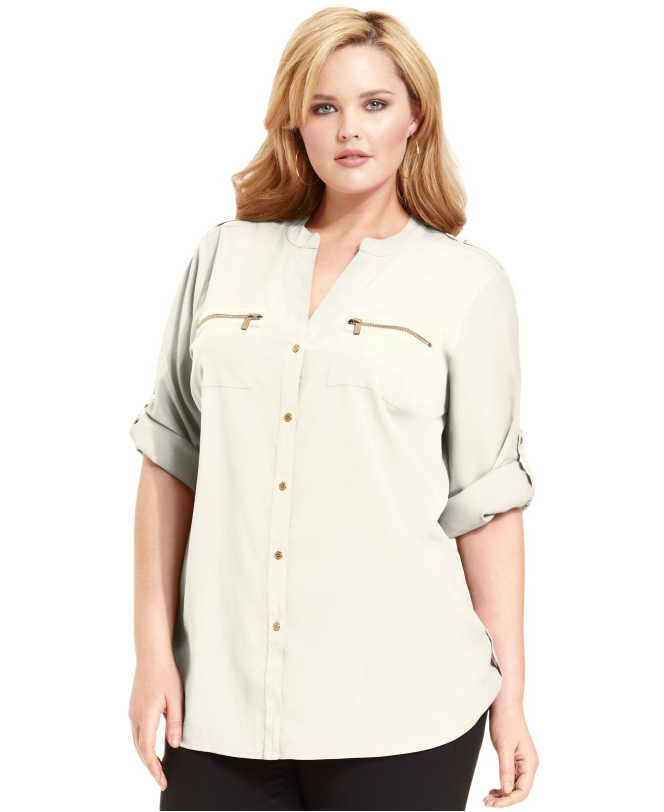 Lyst - Calvin Klein Plus Size Roll-Tab-Sleeve Utility Shirt in Natural