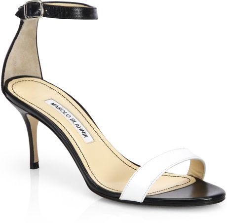 Manolo Blahnik Chaos Bicolor Leather Ankle-Strap Sandals in Black ...