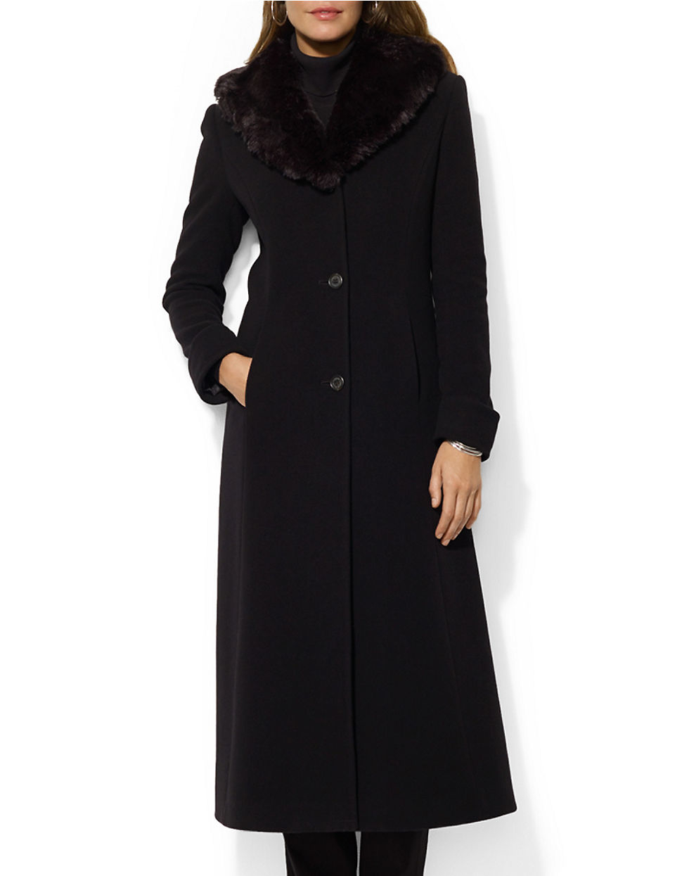 Lauren by ralph lauren Wool-blend Faux-fur Trimmed Coat in Black | Lyst