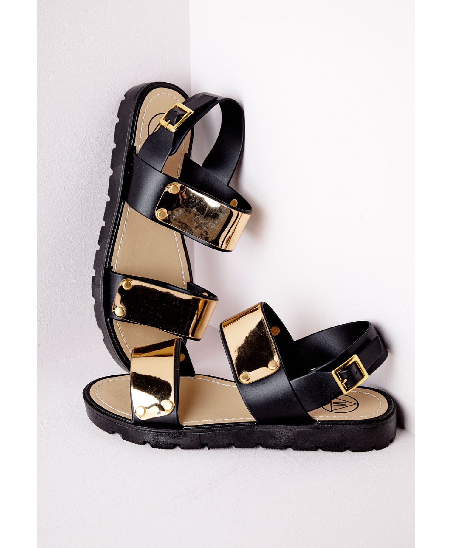 Missguided Double  Strap  Gladiator Sandals  Black in Black 