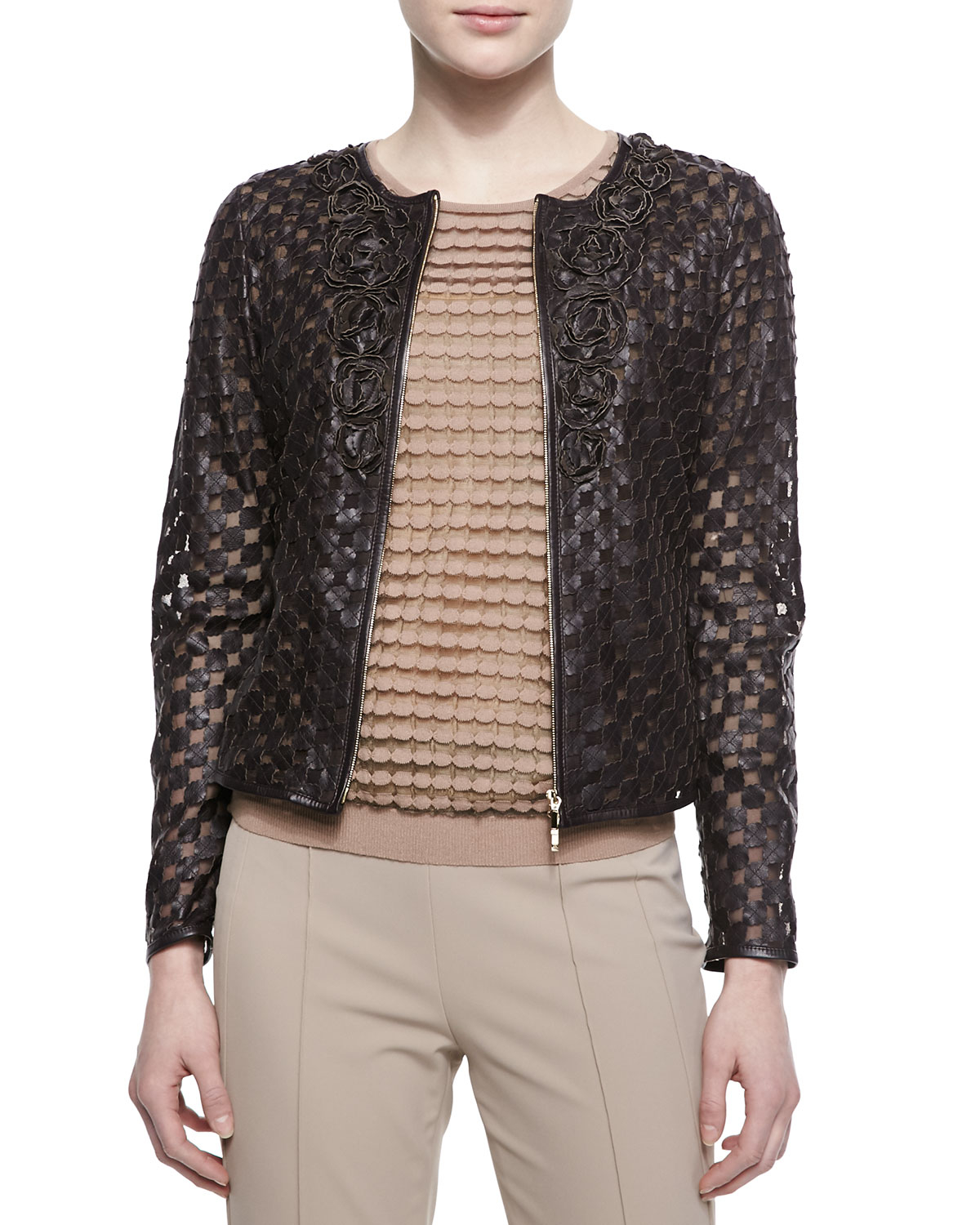 Escada Rosette Detailed Laser Cut Leather Jacket In Black Lyst Gallery