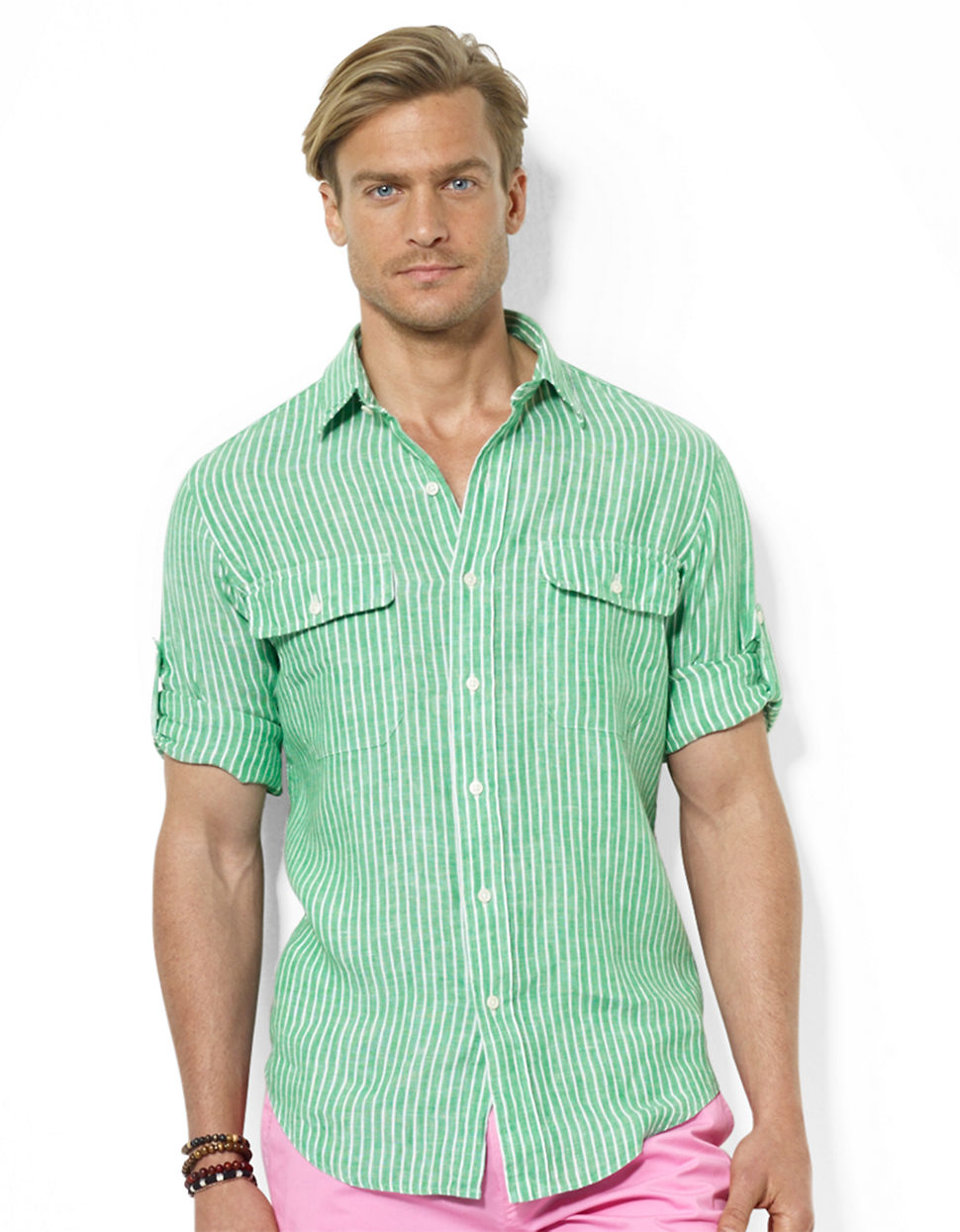 Polo Ralph Lauren Custom-Fit Striped Linen Workshirt in Green for Men ...