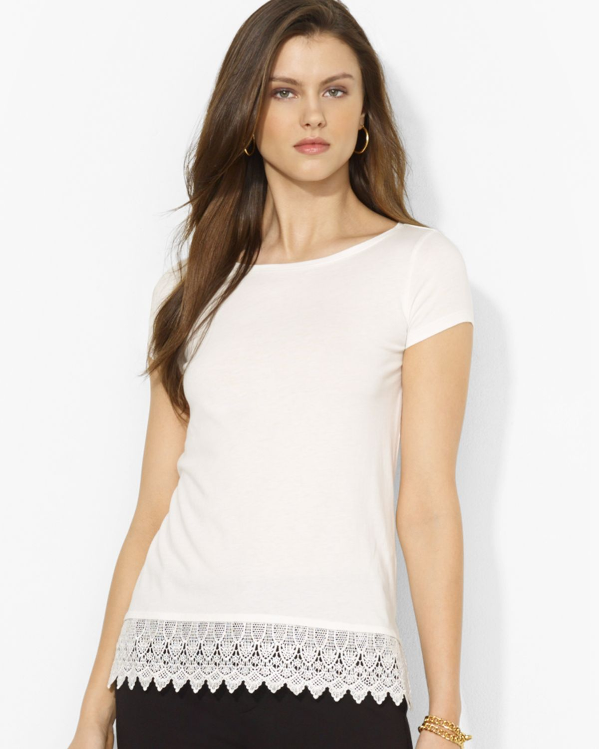Lyst - Ralph Lauren Lauren Short Sleeve Knit Lace Detail Top in White