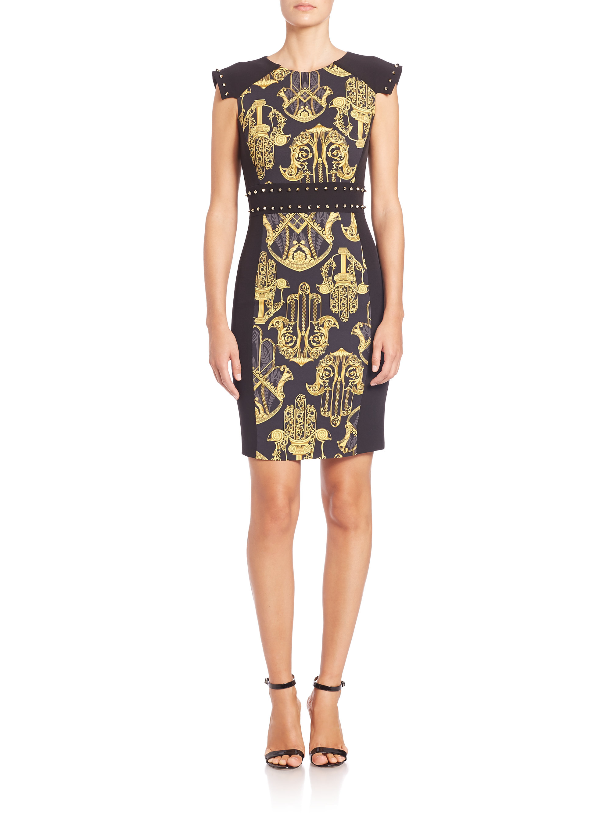 Versace | Gold Printed Studded Sheath Dress | Lyst
