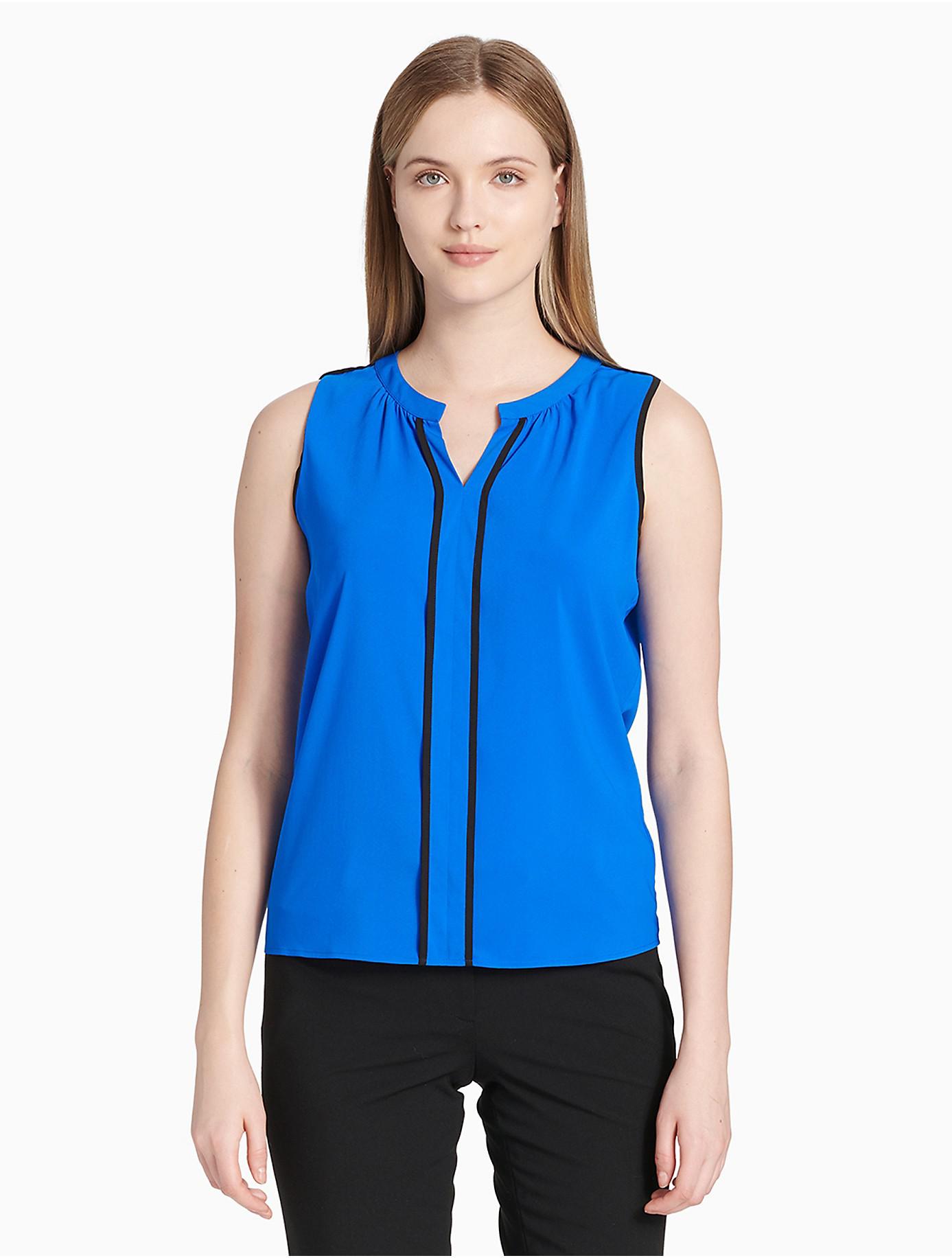 Lyst - Calvin Klein Split Neck Sleeveless Top in Blue