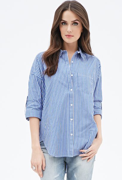 Love 21 Striped Button-Down Shirt in Blue (Navy/white) | Lyst