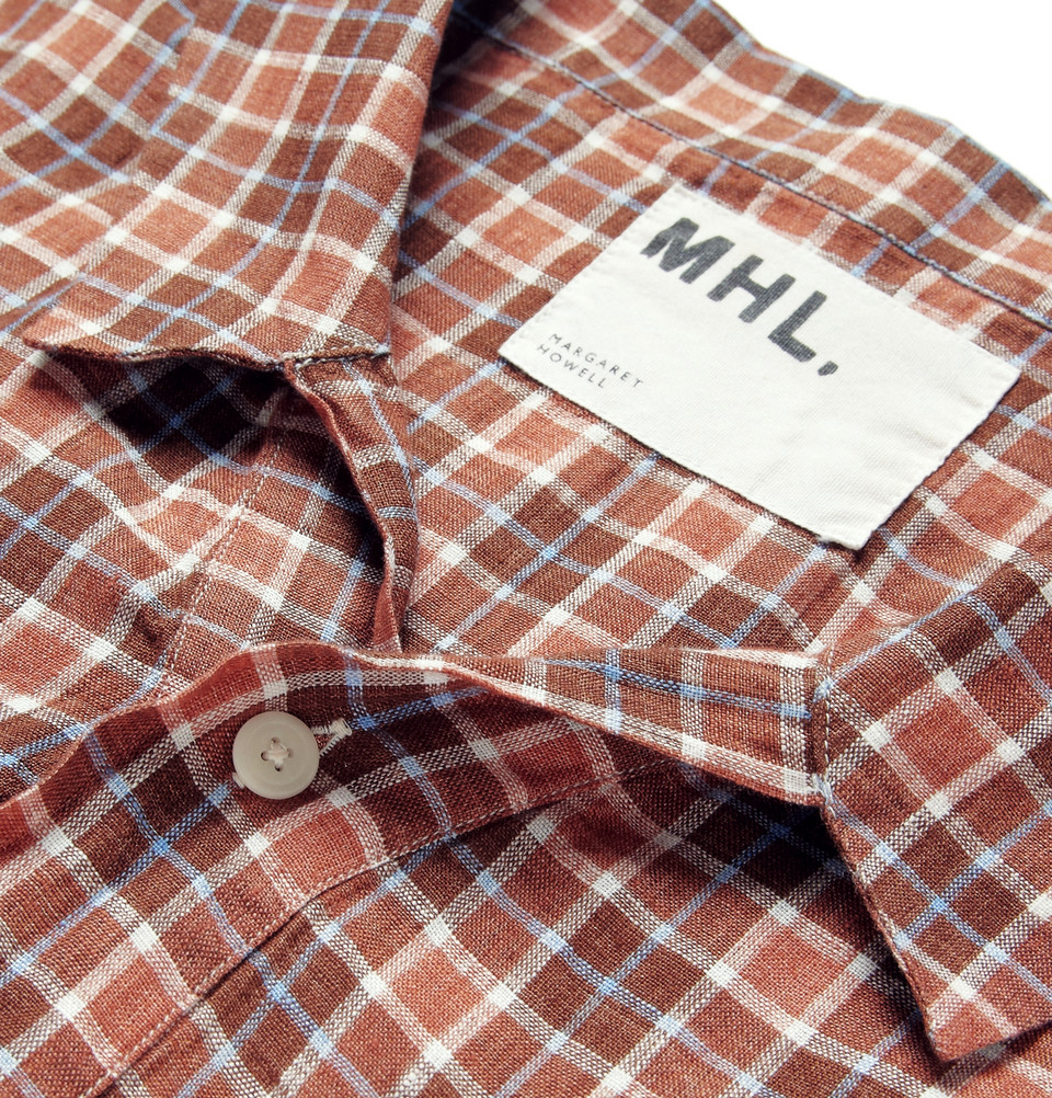 Margaret Howell Mhl Halfplacket Check Linen Shirt in Brown for Men - Lyst