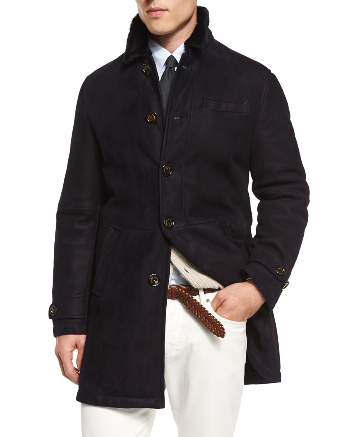 Brunello cucinelli Button-down Shearling Fur Coat in Blue for Men | Lyst
