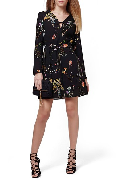  Topshop  Belted  Floral Tunic Dress  in Black  Lyst