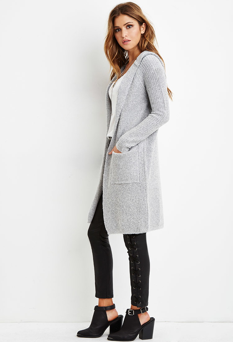 Forever 21 Longline Hooded Cardigan in Gray | Lyst