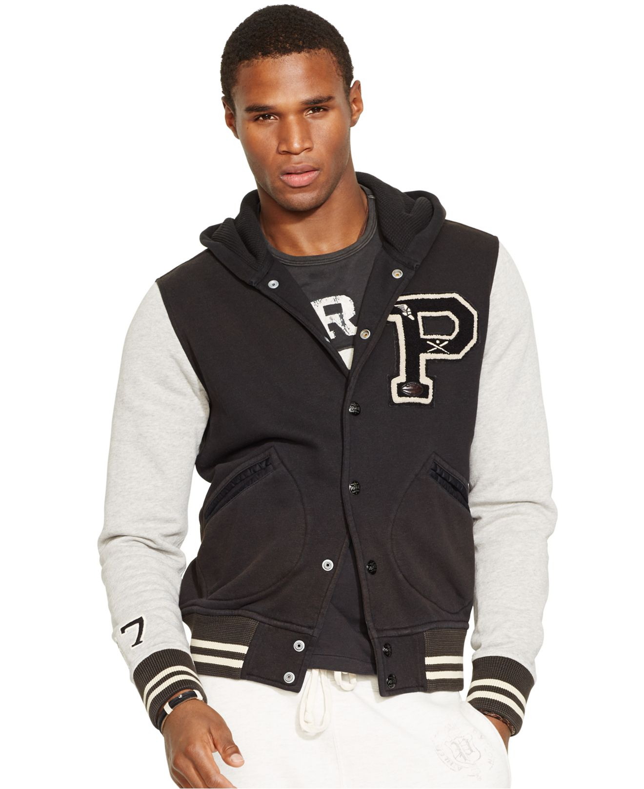 Polo ralph lauren Hooded Varsity Jacket in Black for Men | Lyst