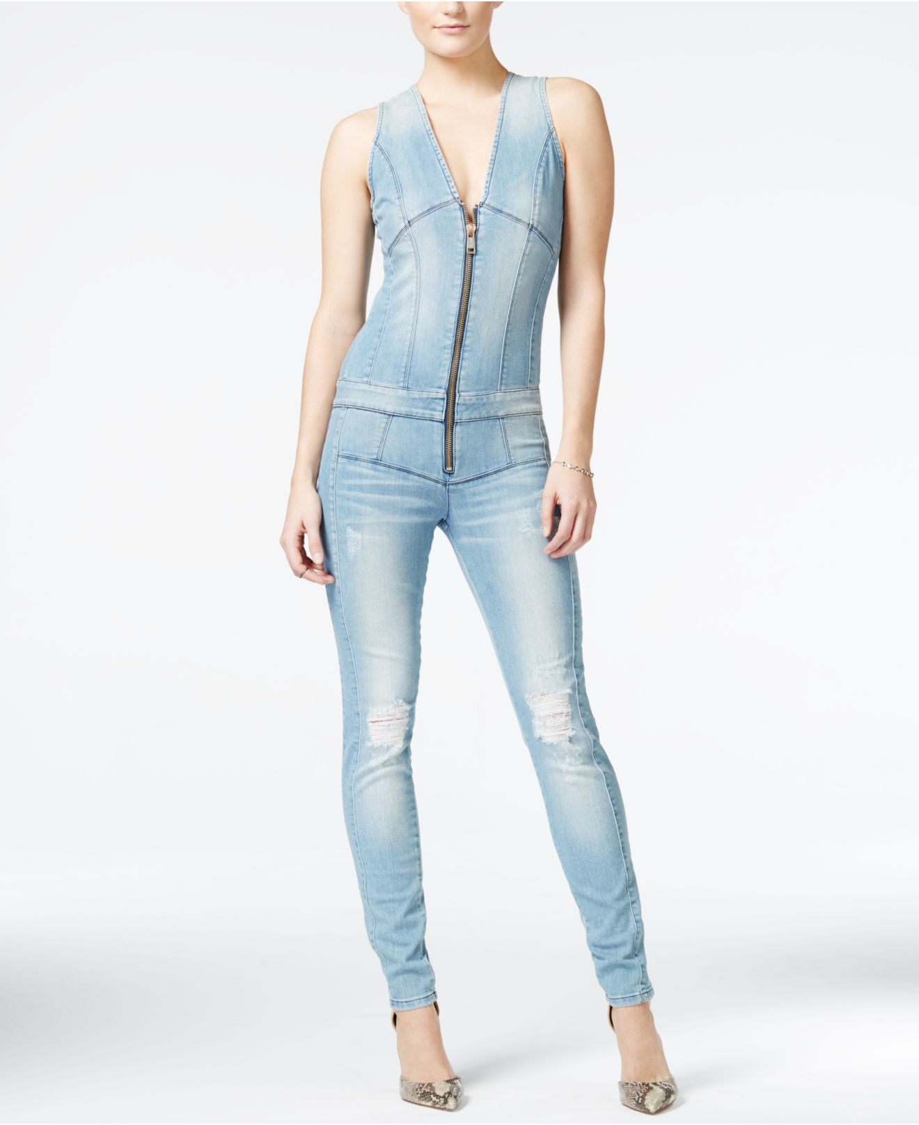 Lyst - Guess Ripped Denim Zip-up Jumpsuit in Blue