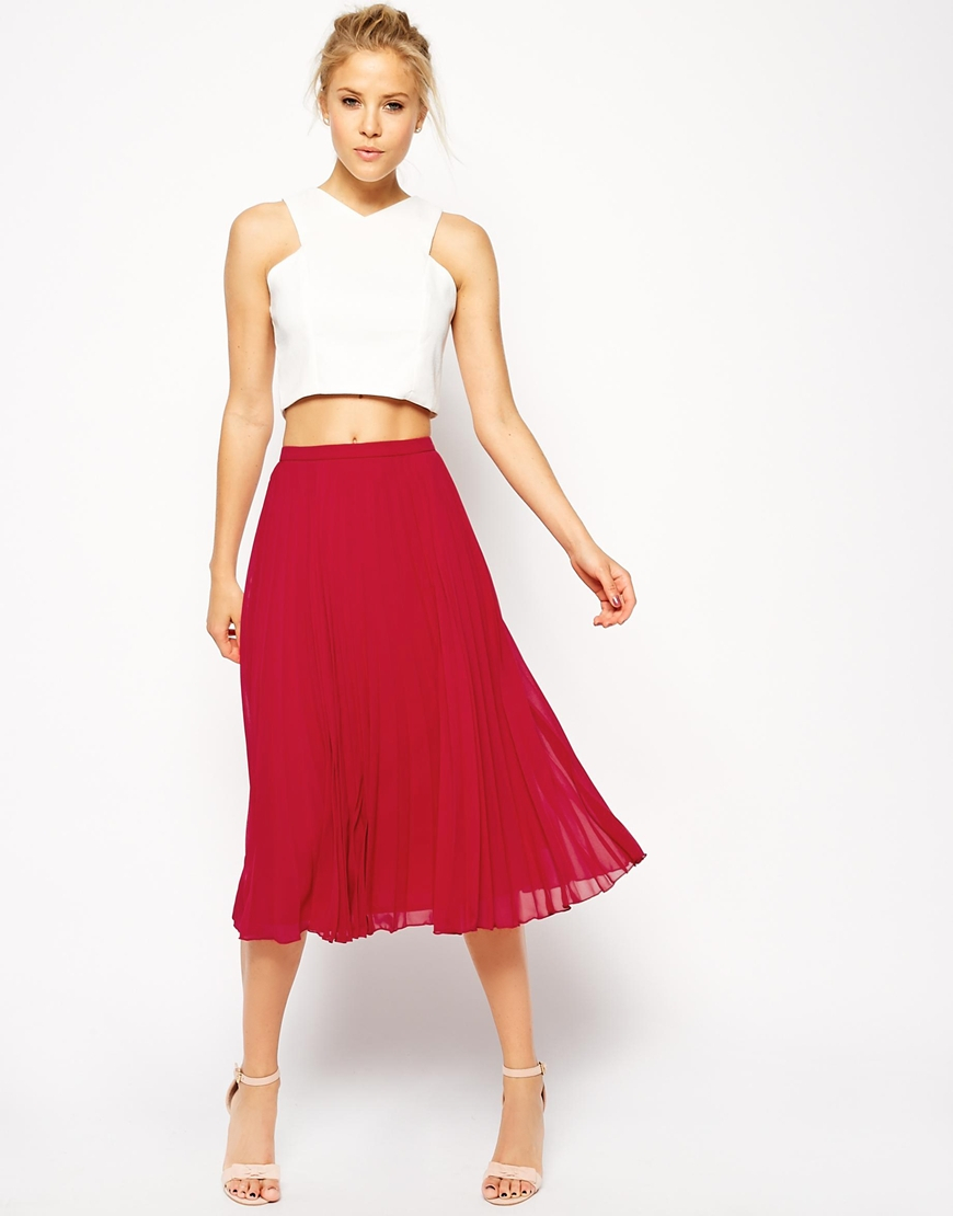 Asos Pleated Midi Skirt in Red | Lyst