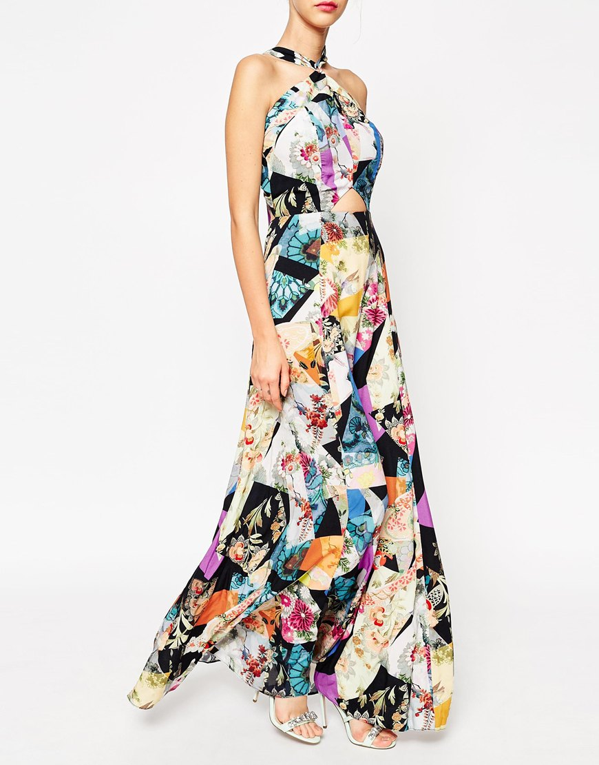 Asos Dark Based Floral Print Cut Out Maxi Dress Lyst