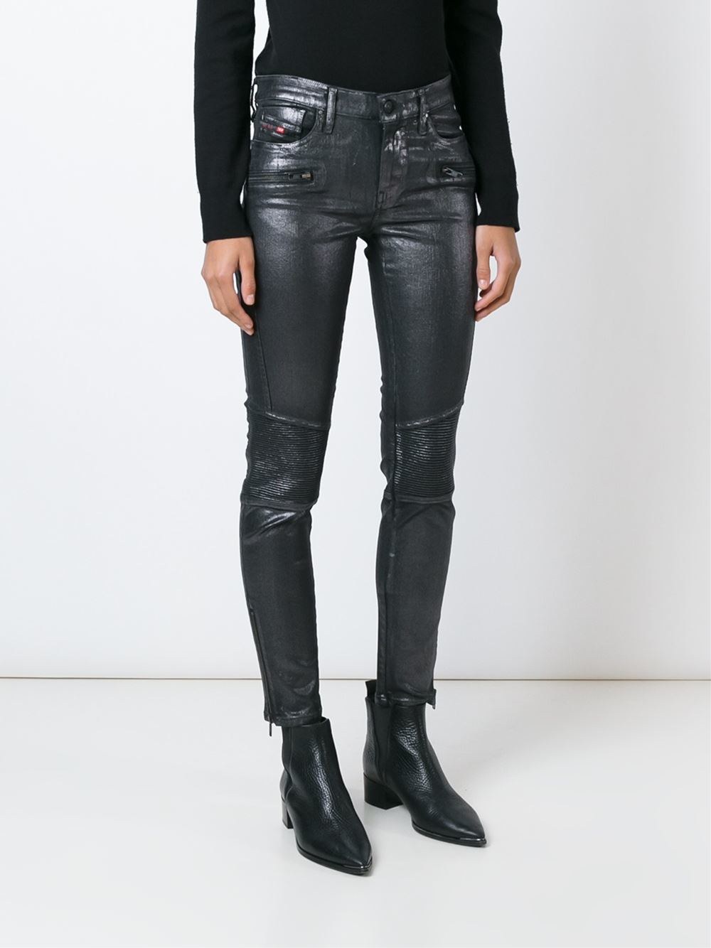 Diesel Metallic Coated Skinny Jeans in Black | Lyst
