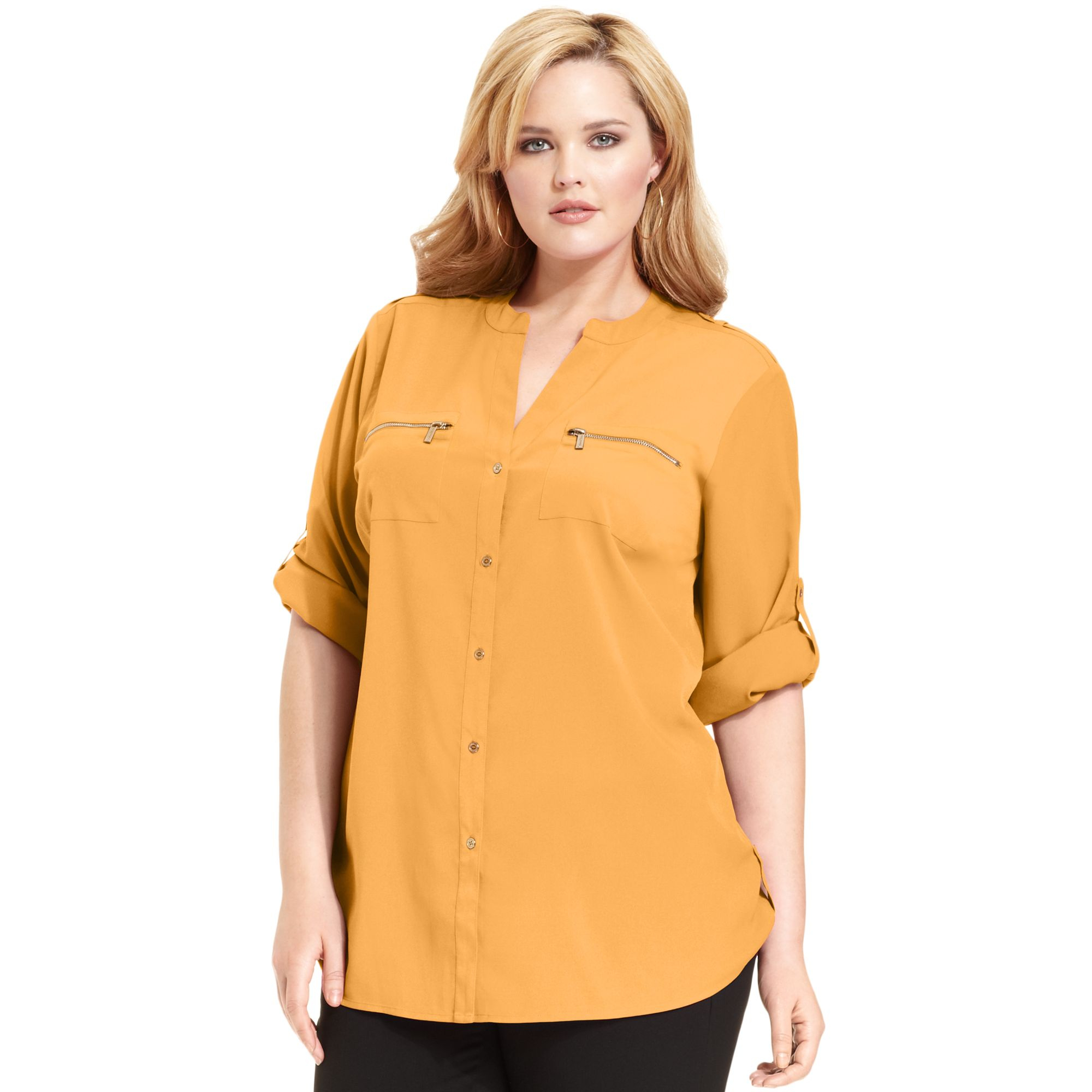 Lyst - Calvin Klein Plus Size Rolltabsleeve Utility Shirt in Yellow