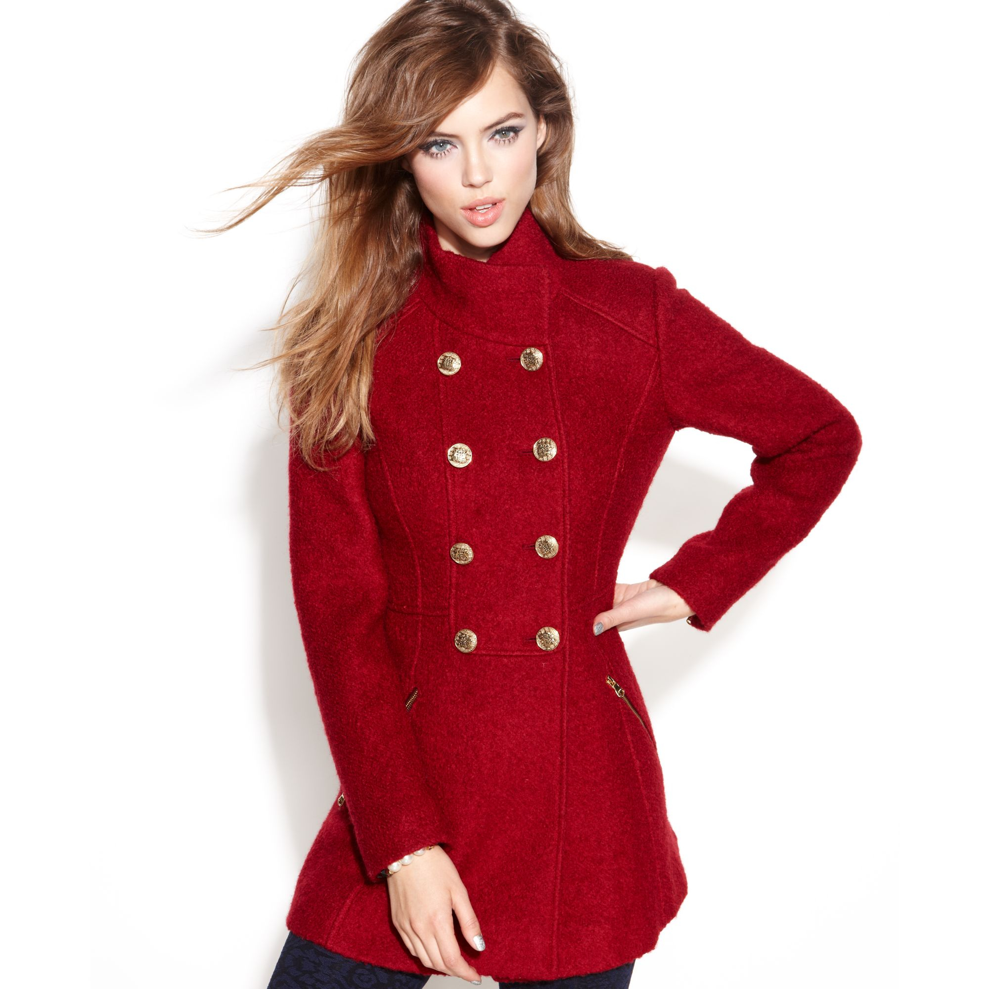 Lyst Guess Coat Doublebreasted Funnelneck Boucle in Red