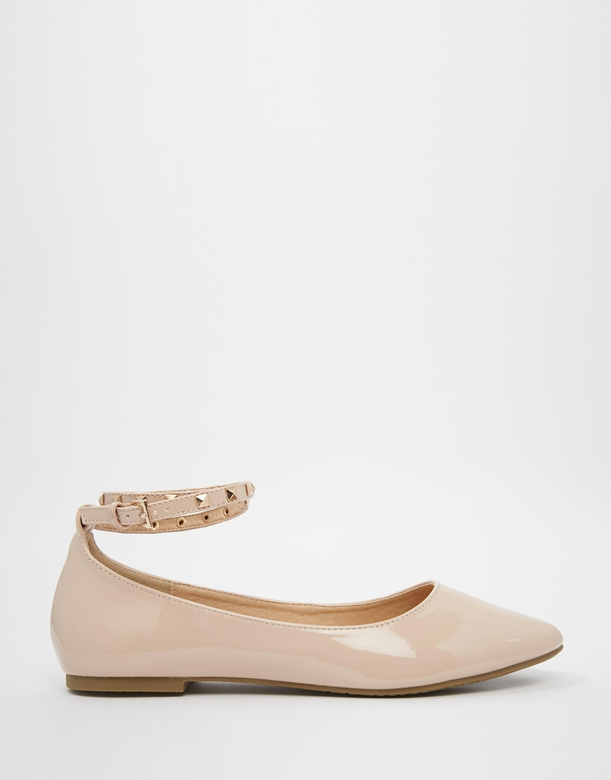 Daisy street Nude Studded Ankle Strap Ballet Flat Shoes in Beige ...