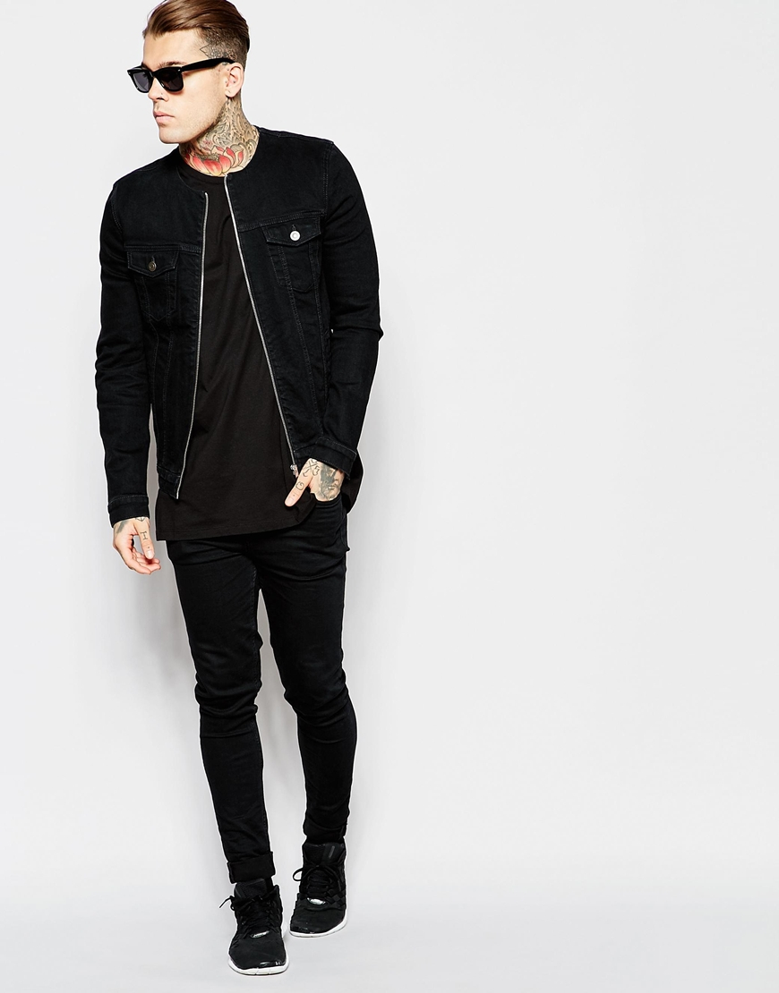 Asos Collarless Denim Jacket in Black for Men | Lyst