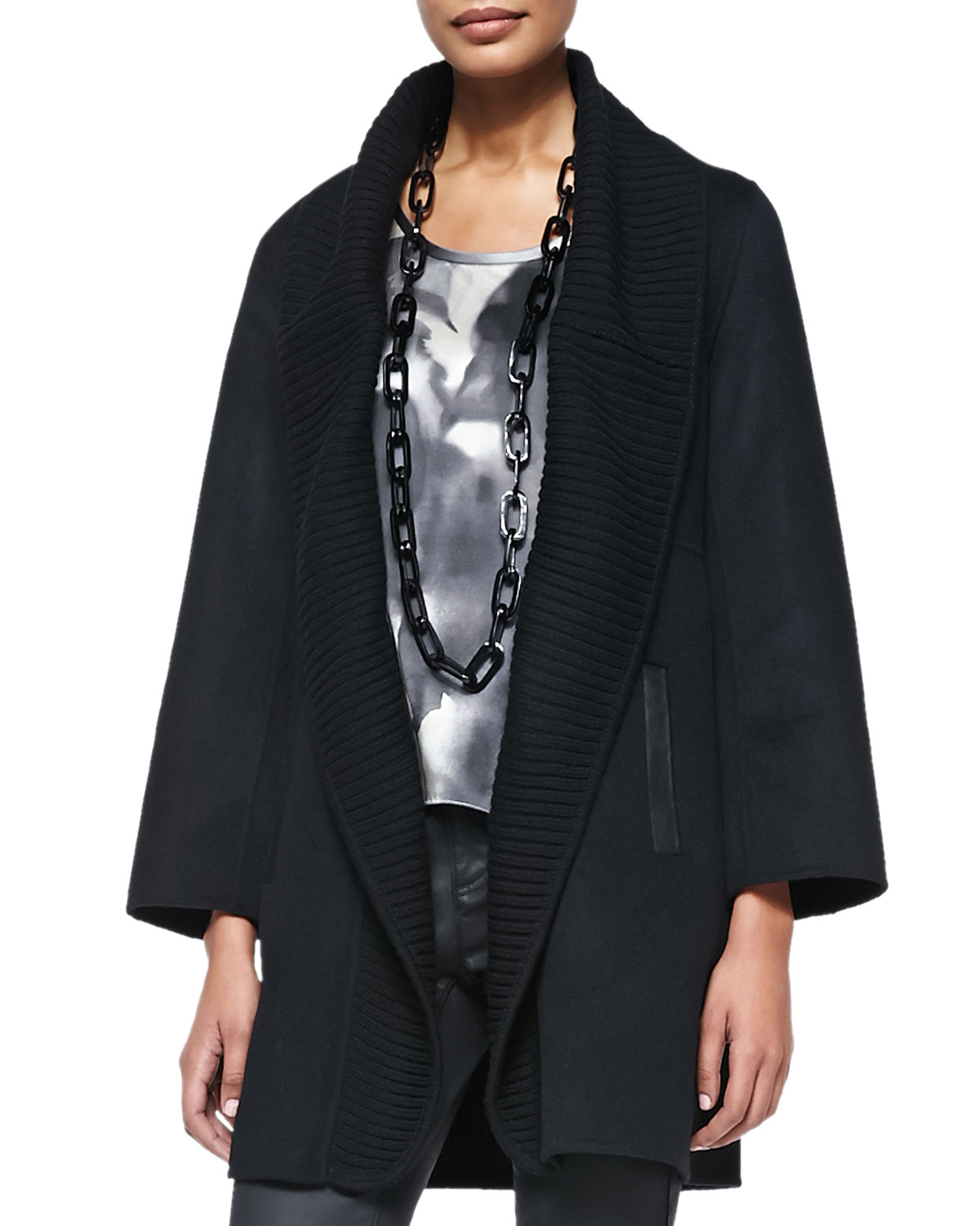 Eileen fisher Brushed Wool-Blend Coat in Black | Lyst