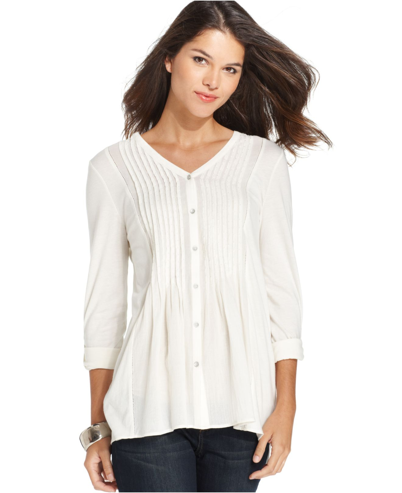 Dkny Three-Quarter-Sleeve Pintuck Pleat Top in Beige (Cable Cream) | Lyst