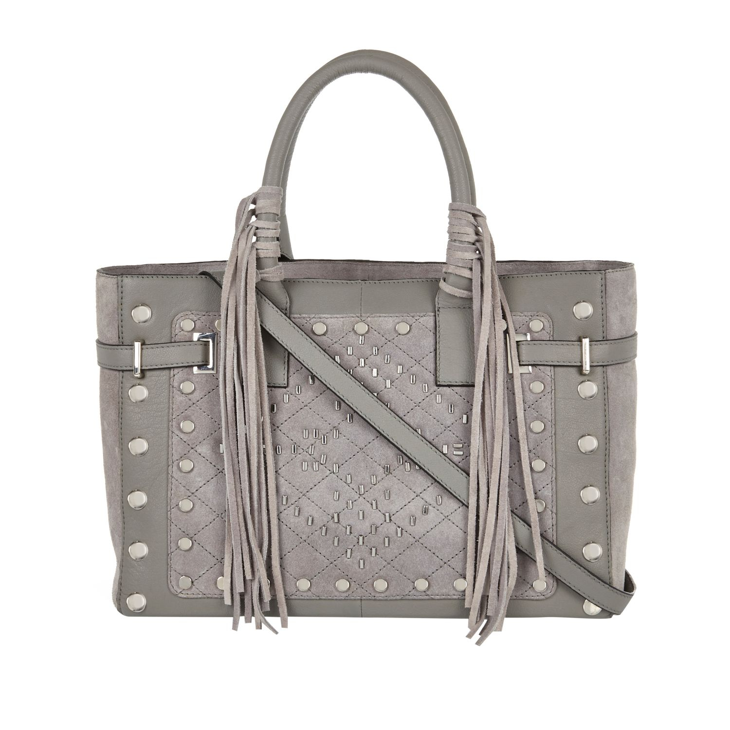 River Island Gray Grey Leather Stud Fringed Tote Bag Product 1 25981163 0 711218855 Normal 