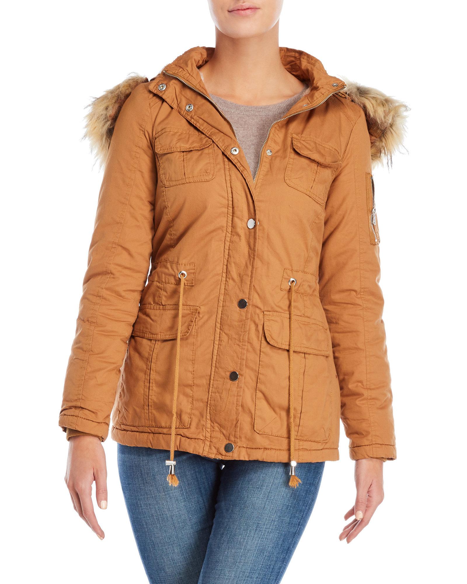 Ymi Faux Leather Hooded Moto Jacket Cairoamani Com Lyst Ymi Faux Fur Trim Hooded Twill Anorak Jacket In Orange