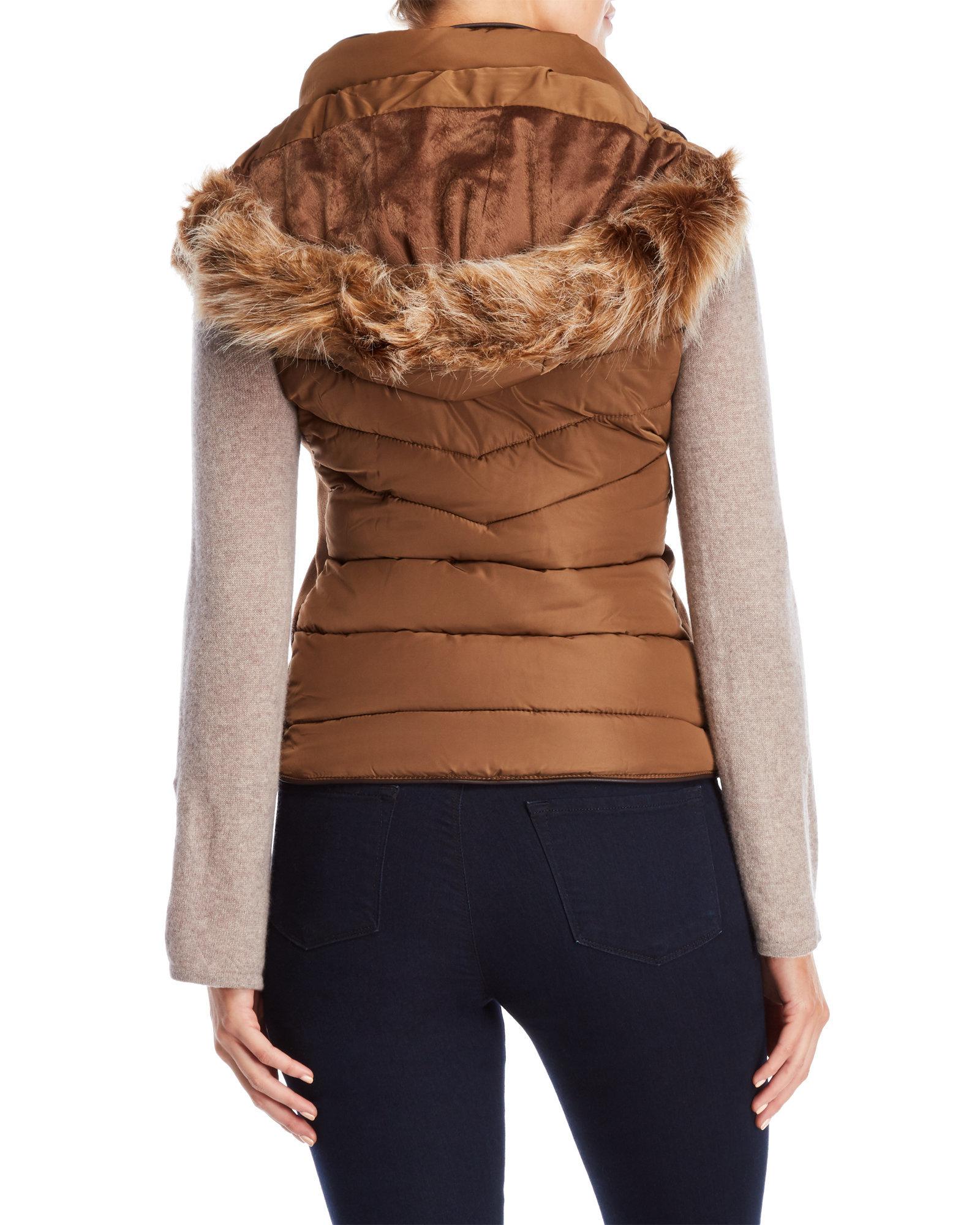 Lyst Ymi Faux Fur Trim Hooded Puffer Vest In Brown Gallery