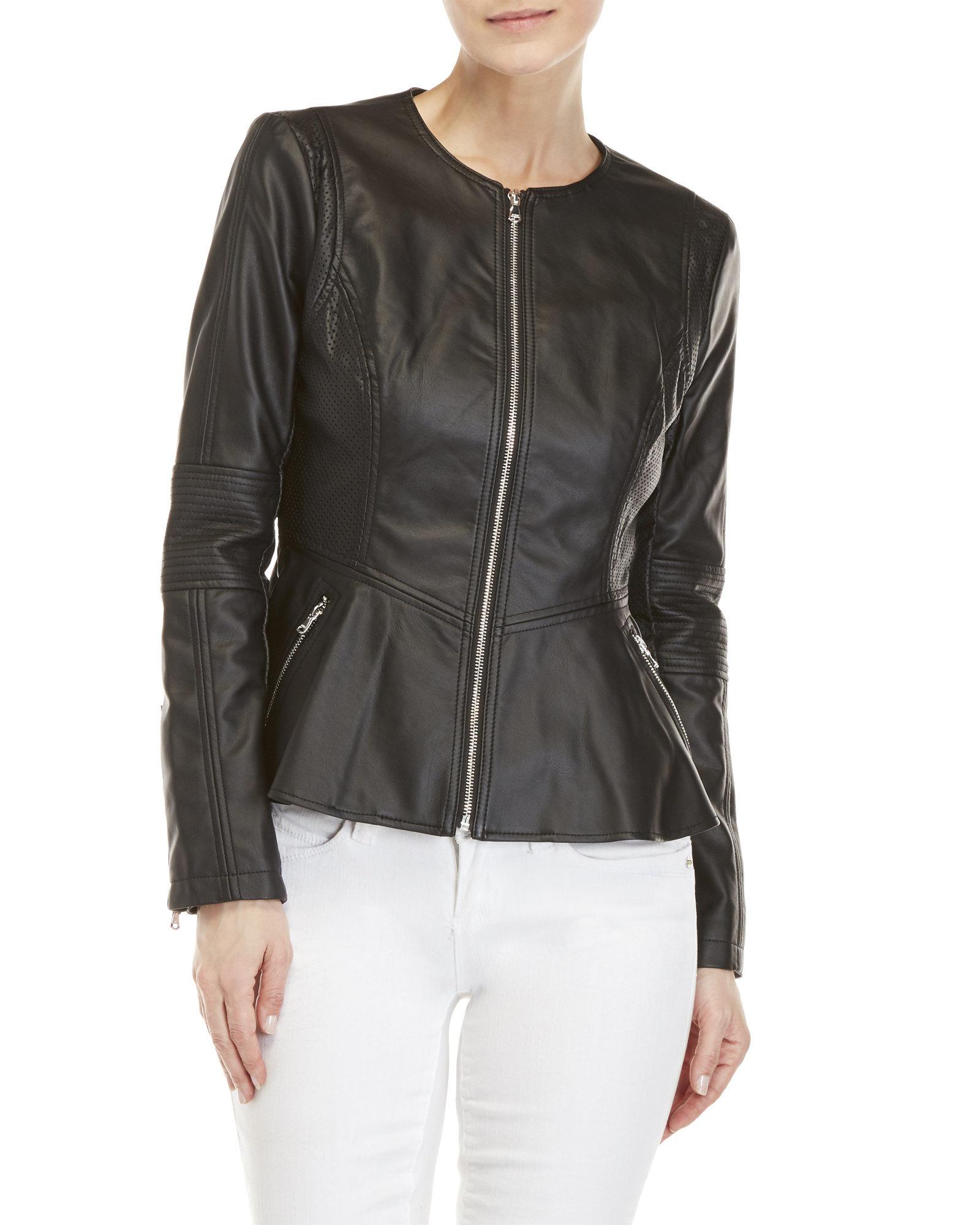 Lyst Guess Perforated Faux Leather Peplum Jacket In Black Gallery