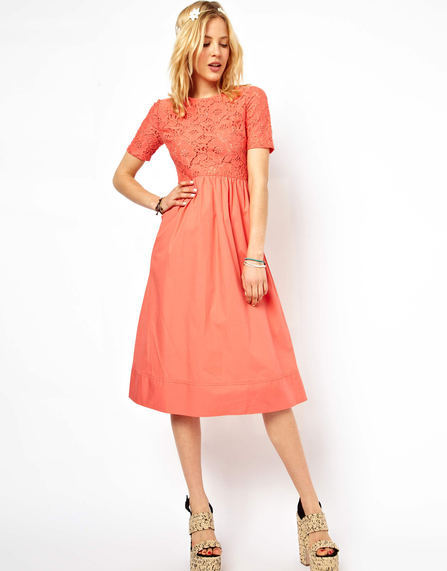 Lyst Asos Petite Exclusive Lace Midi Dress in Pink