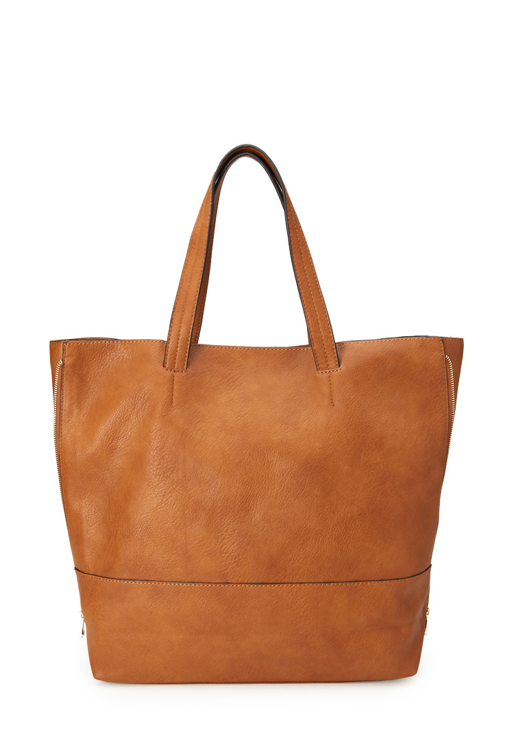 Lyst - Forever 21 Zippered Faux Leather Tote in Brown