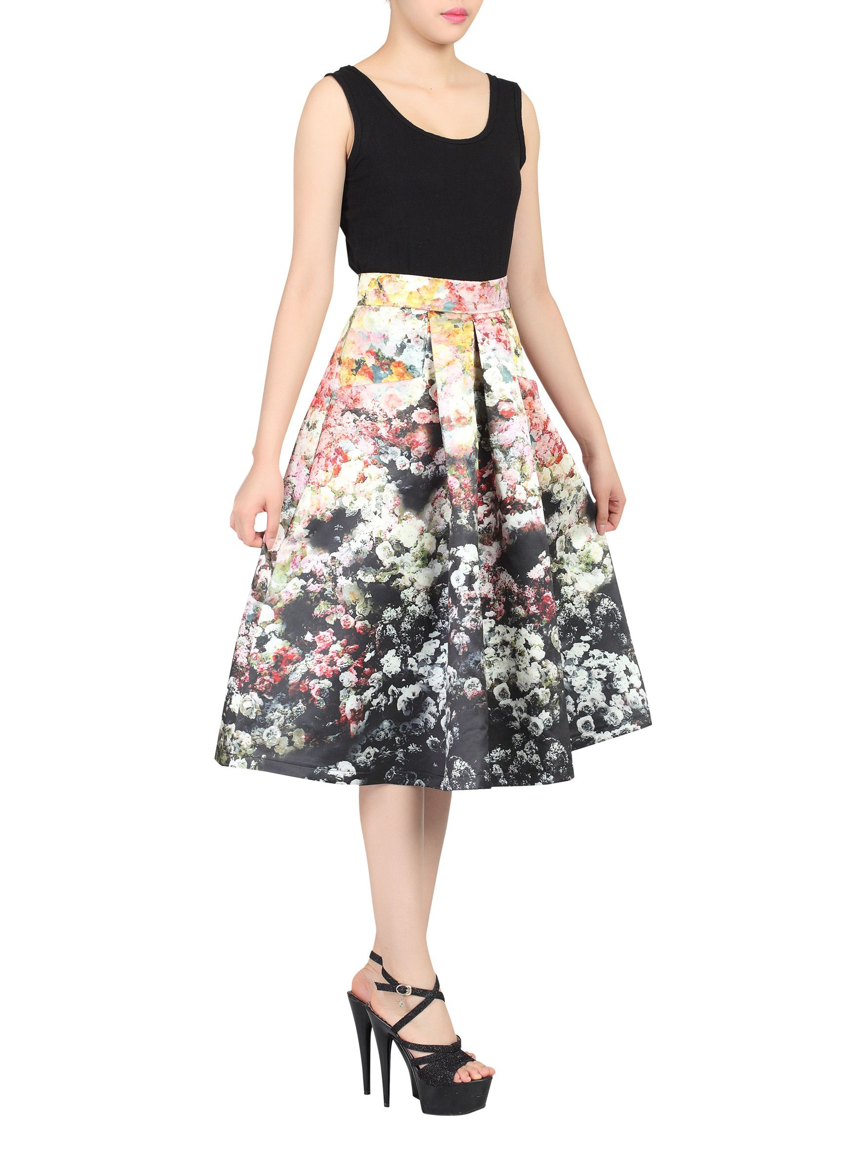 lyst moi retro floral print a line midi skirt in black lyst moi retro floral print a line midi skirt in black