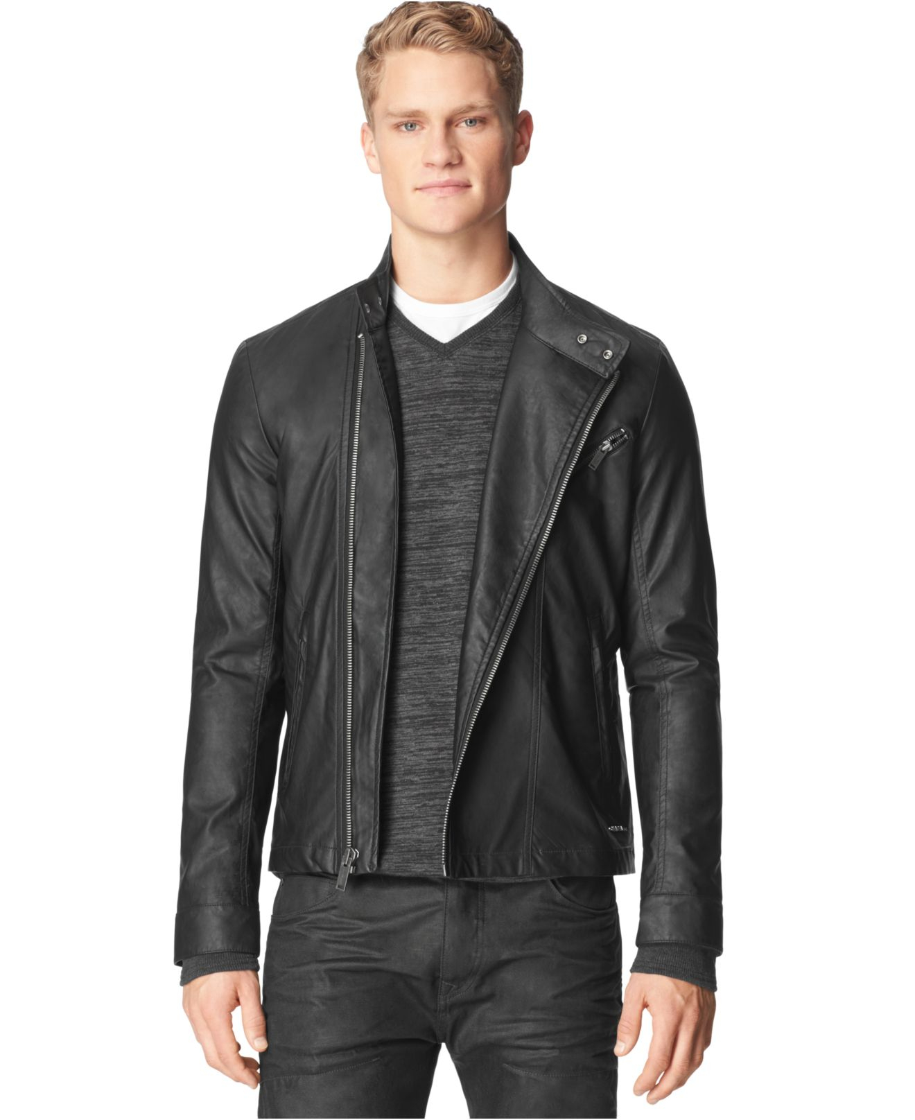 Calvin Klein Ck Jeans Textured Faux Leather Moto Jacket In Black For Gallery