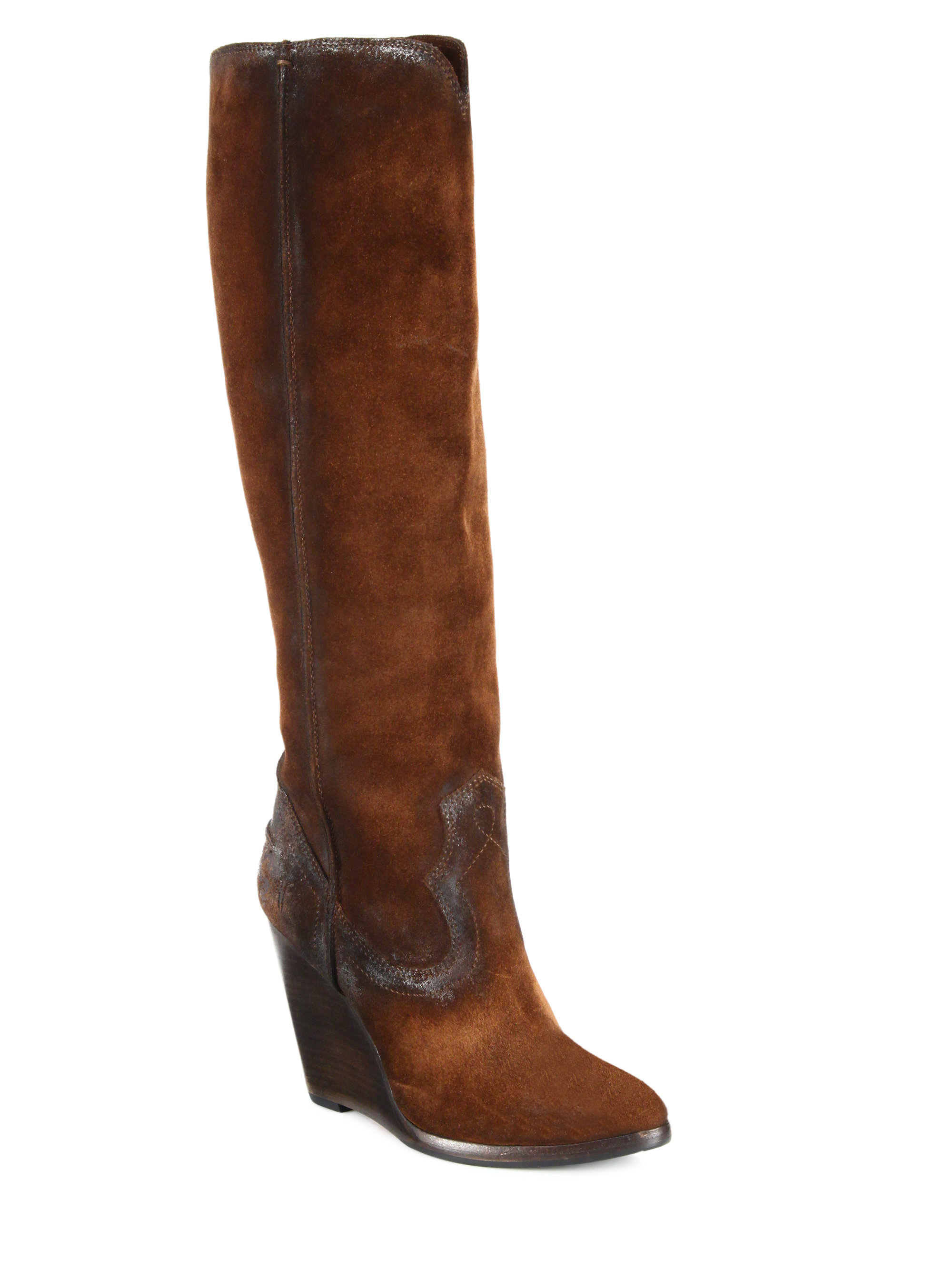 Frye Cece Seamed Suede Wedge Boots In Brown Lyst 8861