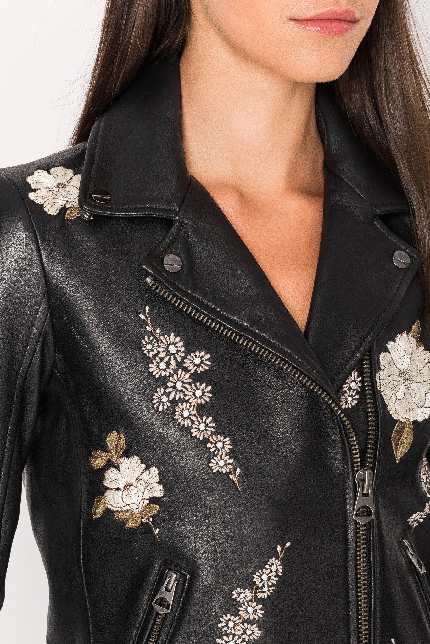 Lyst Lamarque Etana Embroidered Floral Leather Biker Jacket in Black