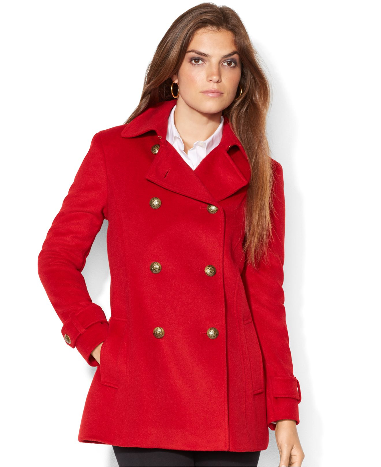 Lyst - Lauren By Ralph Lauren Metal-Button Double-Breasted Pea Coat in Red